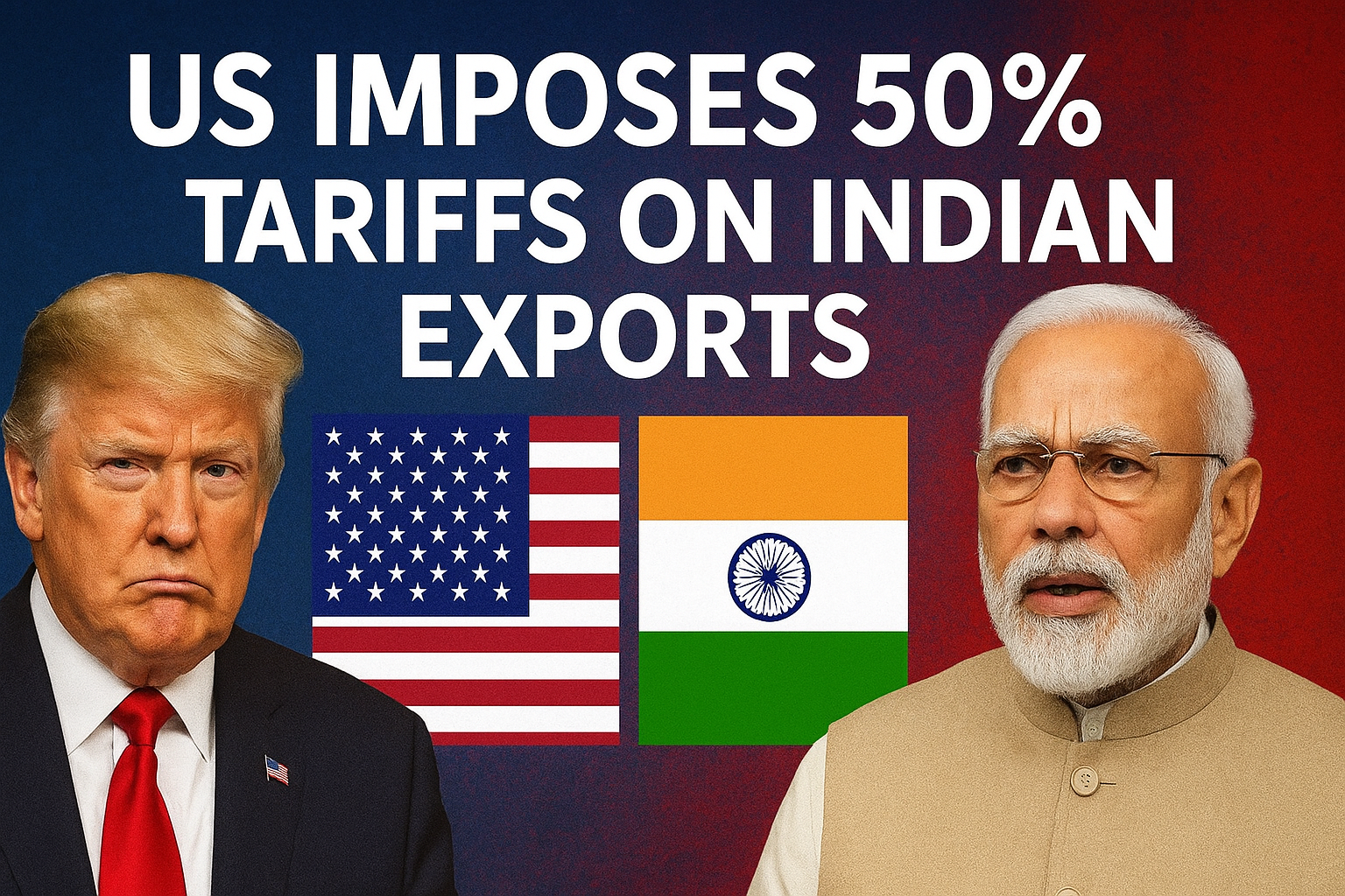 Thumbnail showing Donald Trump and Narendra Modi with US and Indian flags, highlighting news about the US imposing 50% tariffs on Indian exports and its economic impact.